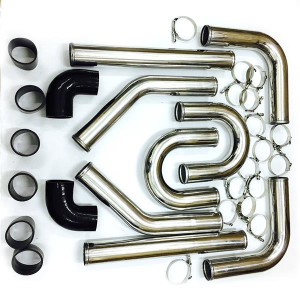 1.8mm Thickness 3" OD Universal Aluminum Intercooler Pipe 8-Piece Kit with Silicone Hoses & Clamps B