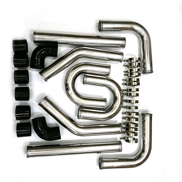 1.8mm Thickness 3" OD Universal Aluminum Intercooler Pipe 8-Piece Kit with Silicone Hoses & Clamps B