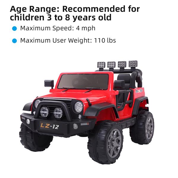 12V Kids Ride On Car Toy Jeep Rechargeable Battery 4 mph Remote Control Red US