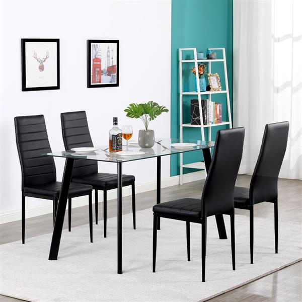 Hot 5 Piece Dining Table Set 4 Chairs Glass Metal Kitchen Room Furniture Black