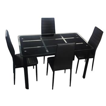 Rectangle Tempered Glass Dining Table with Nine Block Box Pattern Black and 4pcs Elegant Assembled Stripping Texture High Backrest Dining Chairs Black 