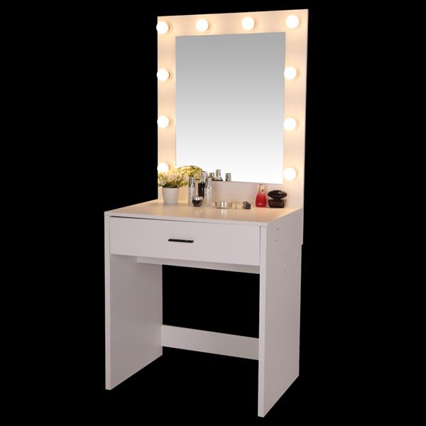 【FCH】带灯炮大方镜单抽屉梳妆台-白色 + 暖光灯泡10粒-8