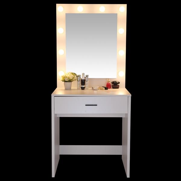 【FCH】带灯炮大方镜单抽屉梳妆台-白色 + 暖光灯泡10粒-9