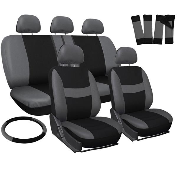Four Seasons Universal 5-Headrest Flat Cloth Car Seat Cover 10-Piece Set Gray & Black