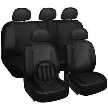 Four Seasons Universal 5-Headrest PU Leather Car Seat Cover 16-Piece Set Black