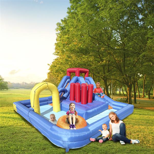 New Inflatable Water Slide Bouncer,River Race Area,Climbing Wall ,Water Cannon And Hose For Kids + 110V-120V 60Hz 6.2A 680W PE Engineering Plastic Shell  Air Blower US Plug Yellow