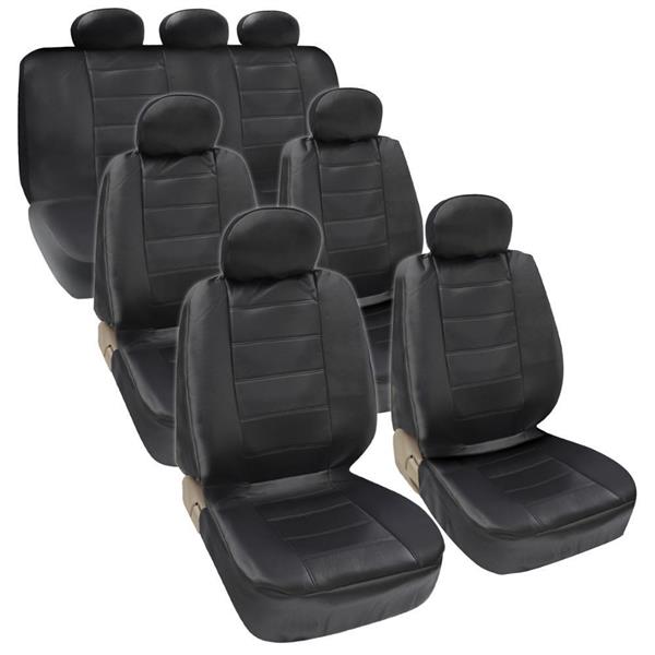 Four Seasons Universal 7-Headrest PU Leather Car Seat Cover Set Black 3-Row Seat