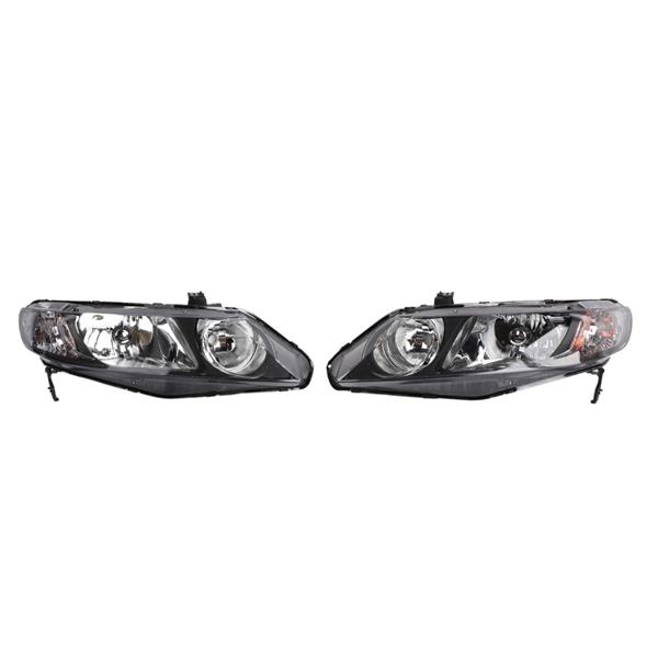 2pcs Front Left Right Car Headlights for Honda Civic 2006-2011 4dr Models Only Black