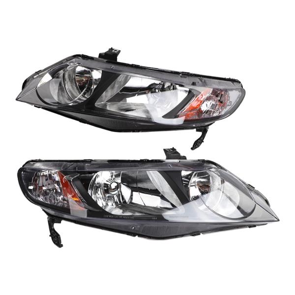 2pcs Front Left Right Car Headlights for Honda Civic 2006-2011 4dr Models Only Black