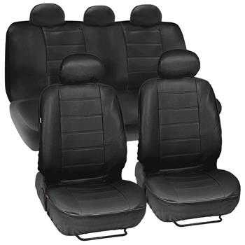 Four Seasons Universal 5-Headrest PU Leather Car Seat Cover 13-Piece Set Black 2-Row Seat