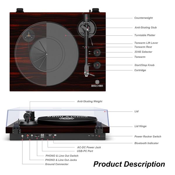 ANGELSHORN Bluetooth Turntable Stereo Record Player with Built-in 2-Speed Phono Preamp and Belt Drive, Mahogany Wood …