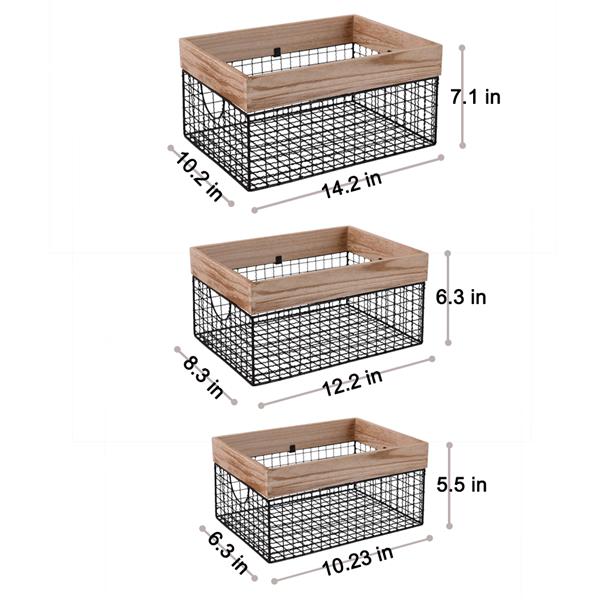 Wooden Top Wire Storage Baskets (Set of 3）Organizer with Built-in Handles for Kitchen Laundry Nursery