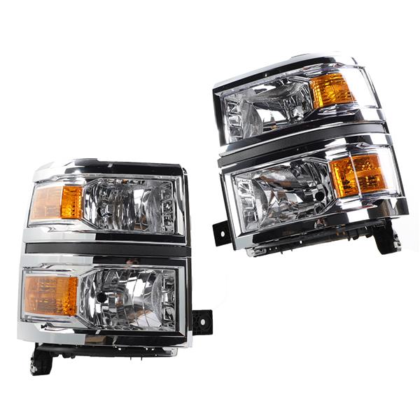 2pcs Front Left Right Car Headlights for Chevy Silverado 1500 2014-2015 Models Only Chrome Housing & Amber Reflector