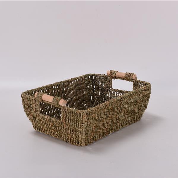 2PCS Hand-Woven Large Storage Baskets with Wooden Handles, Seagrass Wicker Baskets for Organizing