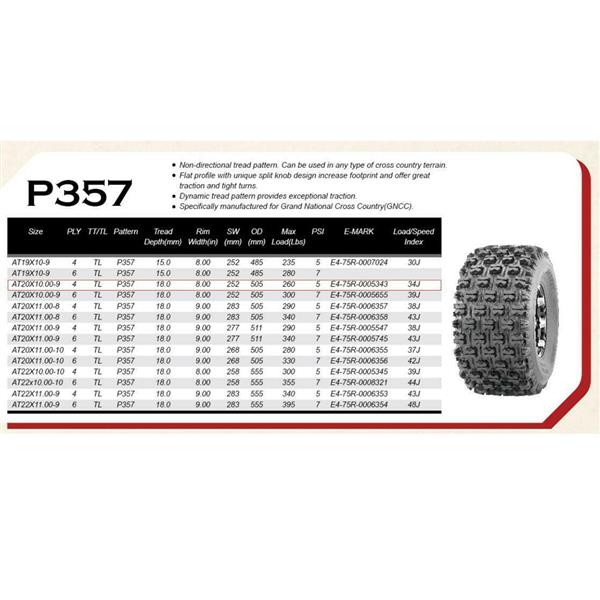 2pk 20 x 10 -9 ATV / UTV Tires Wheels 20 x 10 -9 4PR P357 Tread Depth: 0.709in