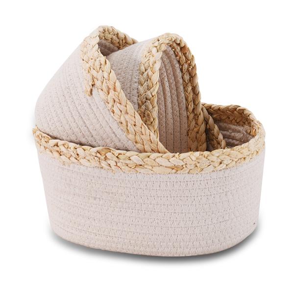 Rope Woven Storage Baskets Set of 3 - Small White Rope Baskets for Shelves, Decorative Nursery Baskets Organizer Bins for Baby Toys, Nursery Decor