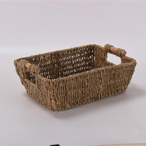 2PCS Hand-Woven Large Storage Baskets with Wooden Handles, Seagrass Wicker Baskets for Organizing