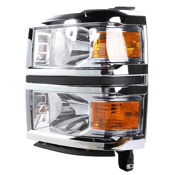 2pcs Front Left Right Car Headlights for Chevy Silverado 1500 2014-2015 Models Only Chrome Housing & Amber Reflector