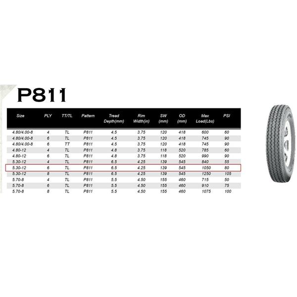 P811 5.30-12 LRC Bias qty1 Trailer Tire on 12" 4 Lug  1050 LBS @ 80 PSI