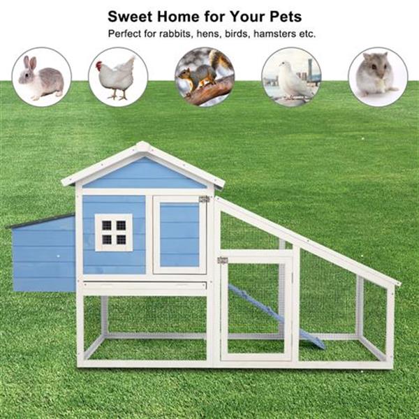 69" Wooden Chicken Hutch Hen Coop Habitat Pigeon House with Egg Case & Tray & Running Cage Blue Part B