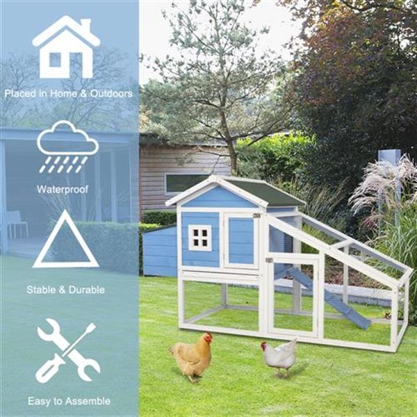 69" Wooden Chicken Hutch Hen Coop Habitat Pigeon House with Egg Case & Tray & Running Cage Blue Part B
