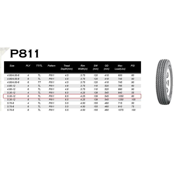 [Only 1] Trailer Tire Tubeless 5.30-12 Load Range C-11033 P811 Front,Rear