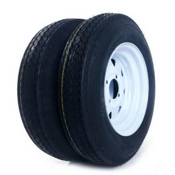 New *2* 5.30-12 LRC Bias Trailer Tires on 12" 4 Lug White Trailer Wheels 5.30x12