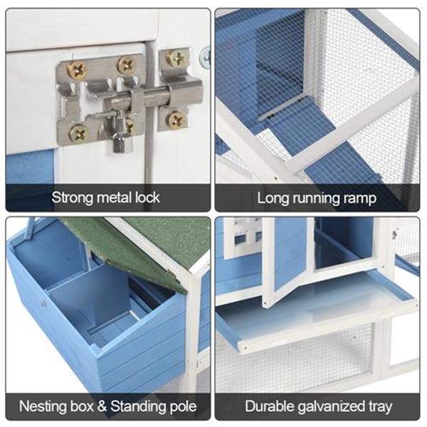 69" Wooden Chicken Hutch Hen Coop Habitat Pigeon House with Egg Case & Tray & Running Cage Blue Part B