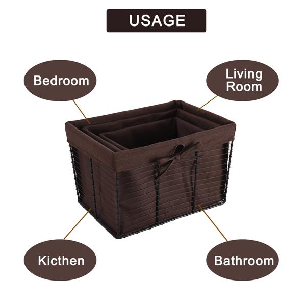 Wire Basket Set with Removable Fabric Liner, Rustic Farmhouse Open Home Storage Bins & Decorative Baskets for Shelves in Laundry Room, Bathroom, Kitchen Organizing