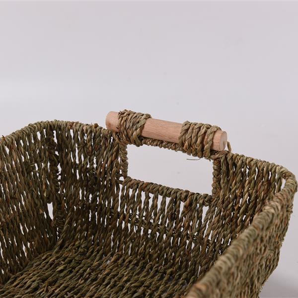 2PCS Hand-Woven Large Storage Baskets with Wooden Handles, Seagrass Wicker Baskets for Organizing