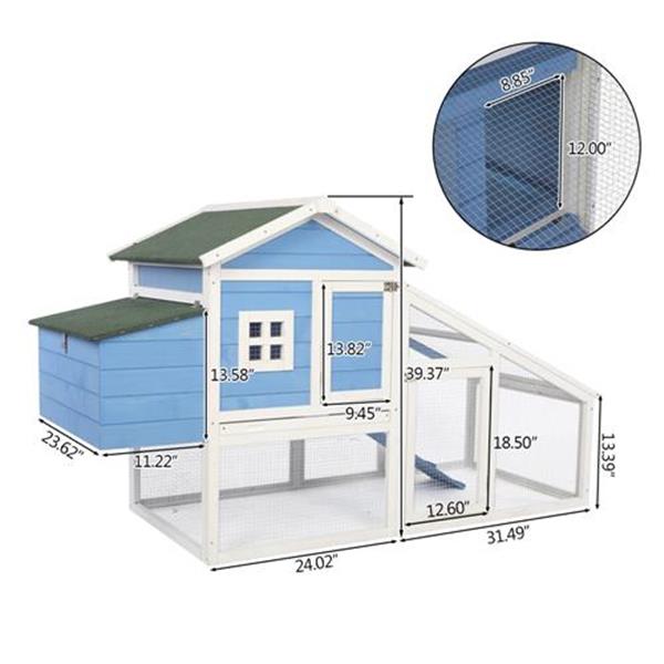 69" Wooden Chicken Hutch Hen Coop Habitat Pigeon House with Egg Case & Tray & Running Cage Blue Part B