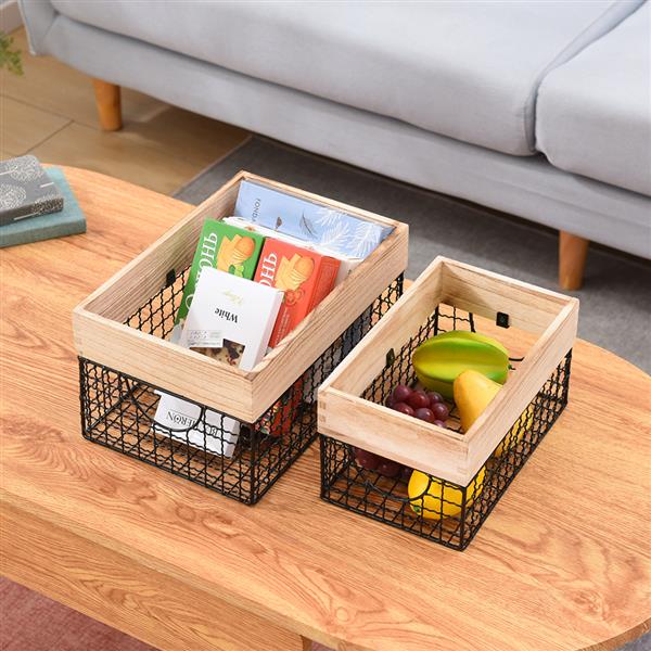 Wooden Top Wire Storage Baskets (Set of 3）Organizer with Built-in Handles for Kitchen Laundry Nursery