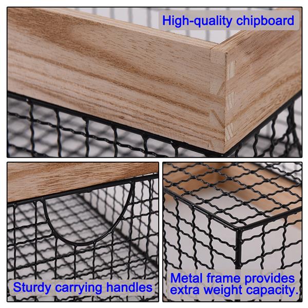 Wooden Top Wire Storage Baskets (Set of 3）Organizer with Built-in Handles for Kitchen Laundry Nursery