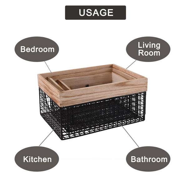 Wooden Top Wire Storage Baskets (Set of 3）Organizer with Built-in Handles for Kitchen Laundry Nursery