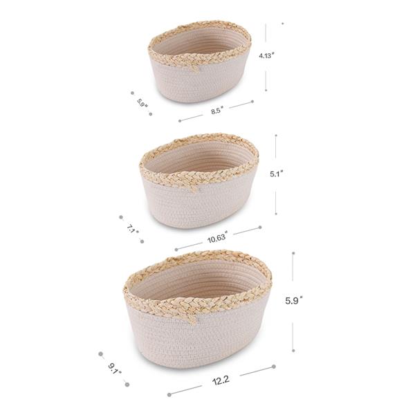 Rope Woven Storage Baskets Set of 3 - Small White Rope Baskets for Shelves, Decorative Nursery Baskets Organizer Bins for Baby Toys, Nursery Decor