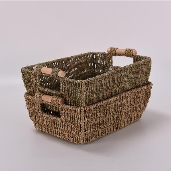 2PCS Hand-Woven Large Storage Baskets with Wooden Handles, Seagrass Wicker Baskets for Organizing