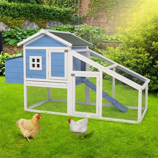 69" Wooden Chicken Hutch Hen Coop Habitat Pigeon House with Egg Case & Tray & Running Cage Blue Part B
