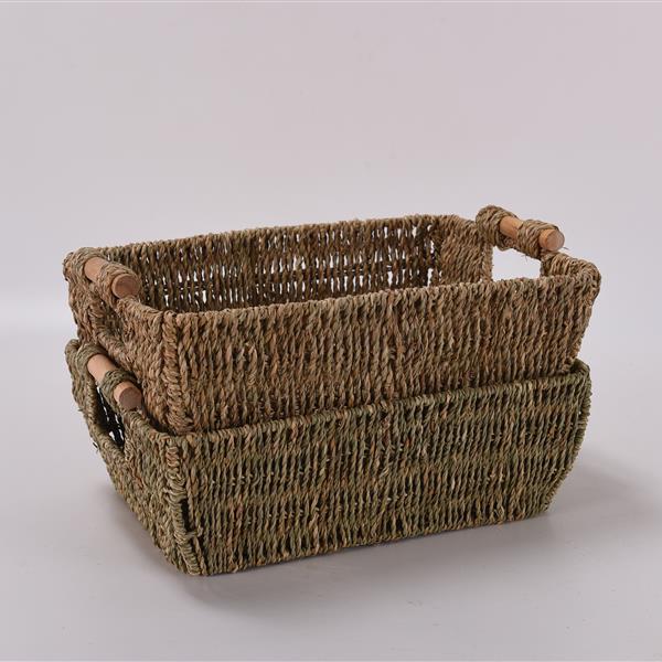 2PCS Hand-Woven Large Storage Baskets with Wooden Handles, Seagrass Wicker Baskets for Organizing