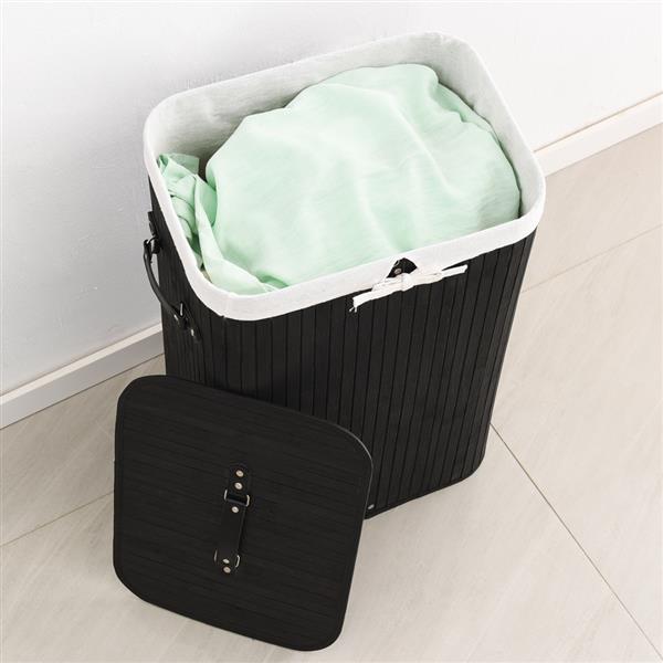 Bamboo Laundry Hamper Portable, Dirty Clothes Storage Basket with Lid and Removable Liner, Large Storage Clothes Bin with Handles, Suitable for Bedroom, Bathroom-black