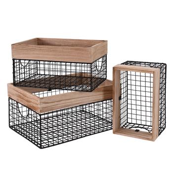 Wooden Top Wire Storage Baskets (Set of 3）Organizer with Built-in Handles for Kitchen Laundry Nursery