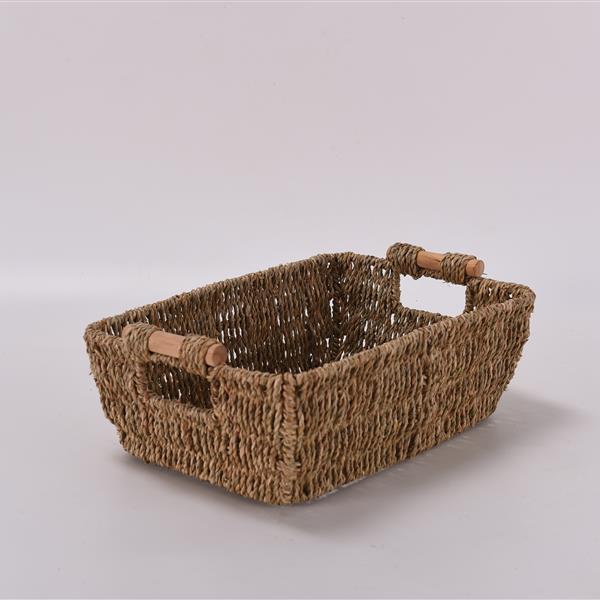 2PCS Hand-Woven Large Storage Baskets with Wooden Handles, Seagrass Wicker Baskets for Organizing