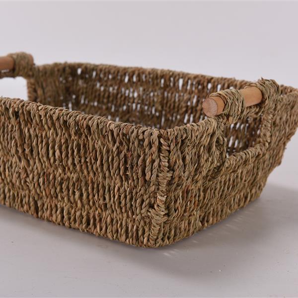 2PCS Hand-Woven Large Storage Baskets with Wooden Handles, Seagrass Wicker Baskets for Organizing