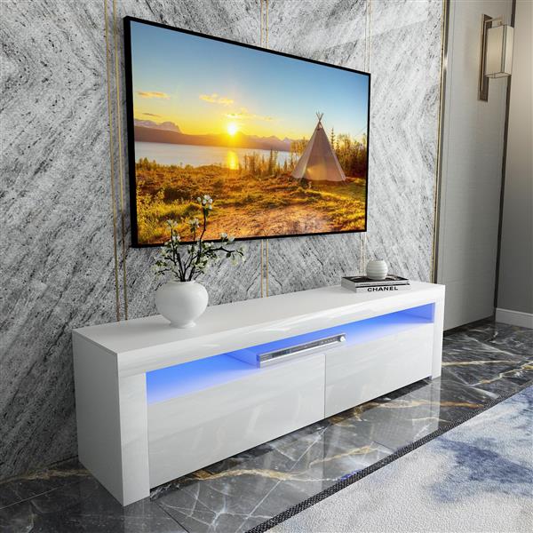 White Modern TV Stand Matt Cabinet Unit 160CM Width High Gloss Door LED Light