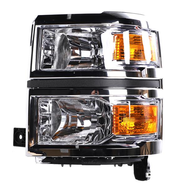 2pcs Front Left Right Car Headlights for Chevy Silverado 1500 2014-2015 Models Only Chrome Housing & Amber Reflector