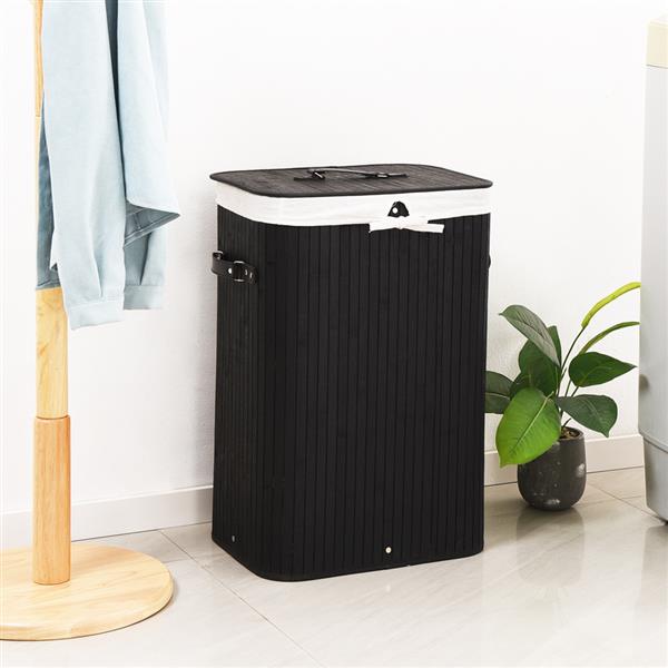 Bamboo Laundry Hamper Portable, Dirty Clothes Storage Basket with Lid and Removable Liner, Large Storage Clothes Bin with Handles, Suitable for Bedroom, Bathroom-black