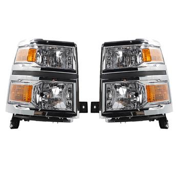 2pcs Front Left Right Car Headlights for Chevy Silverado 1500 2014-2015 Models Only Chrome Housing & Amber Reflector