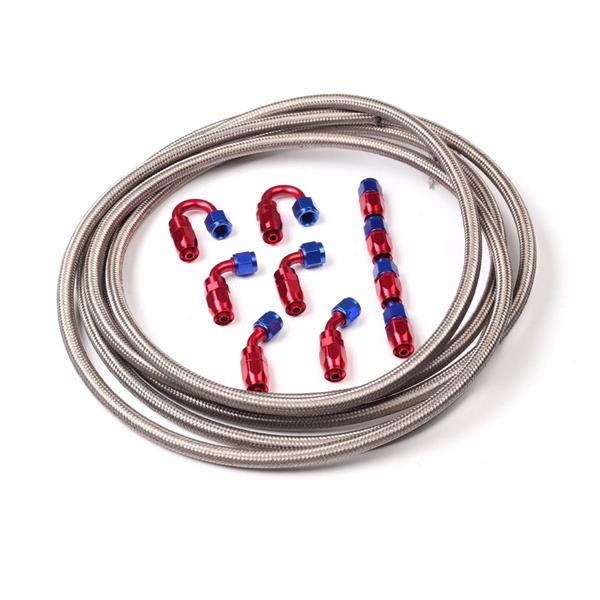 Universal 20ft AN-6 Silver Nylon Braided Hose with 10pcs Red & Blue Hose Ends