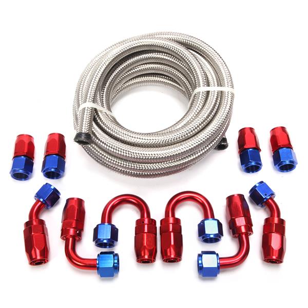 8AN 16-Foot Universal Silver Fuel Pipe   10 Red and Blue Connectors