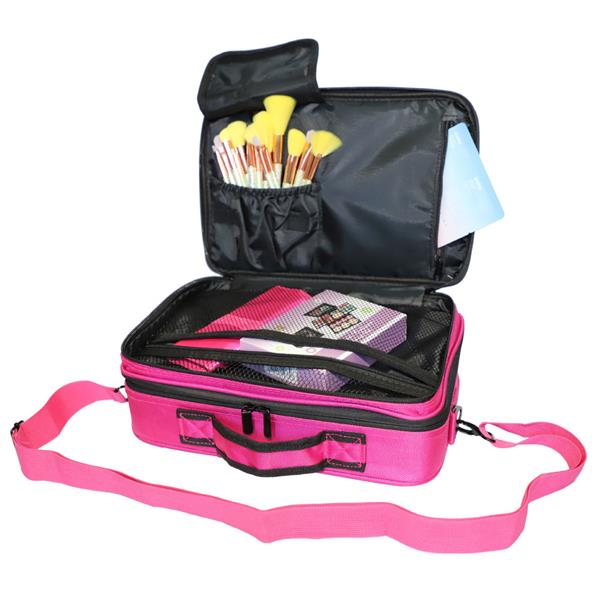 Professional High-capacity Multilayer Portable Travel Makeup Bag with Shoulder Strap (Small) Rose Re 