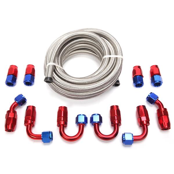 8AN 16-Foot Universal Silver Fuel Pipe   10 Red and Blue Connectors